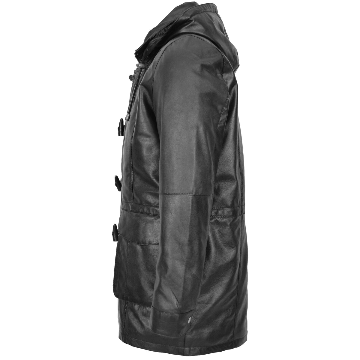 Mens Leather Duffle Coat with Hoodie Jack Black - genuine leather coat in black with duffle