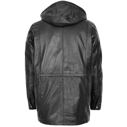 Mens Leather Duffle Coat with Hoodie Jack Black - genuine leather coat in black with duffle