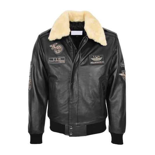 Mens Leather Jacket with Detachable Collar Pilot-N Black - genuine leather jacket in black with two outer pockets