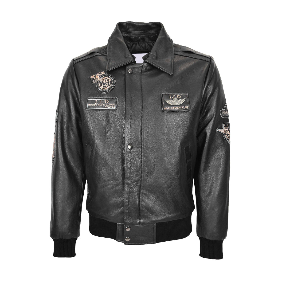 Mens Leather Jacket with Detachable Collar Pilot-N Black - genuine leather jacket in black with detachable collar