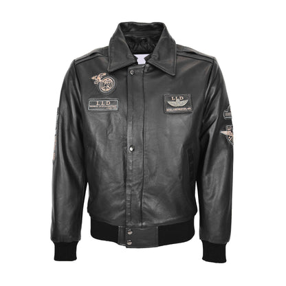 Mens Leather Jacket with Detachable Collar Pilot-N Black - genuine leather jacket in black with detachable collar