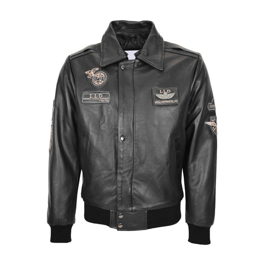 Mens Leather Jacket with Detachable Collar Pilot-N Black - genuine leather jacket in black with detachable collar