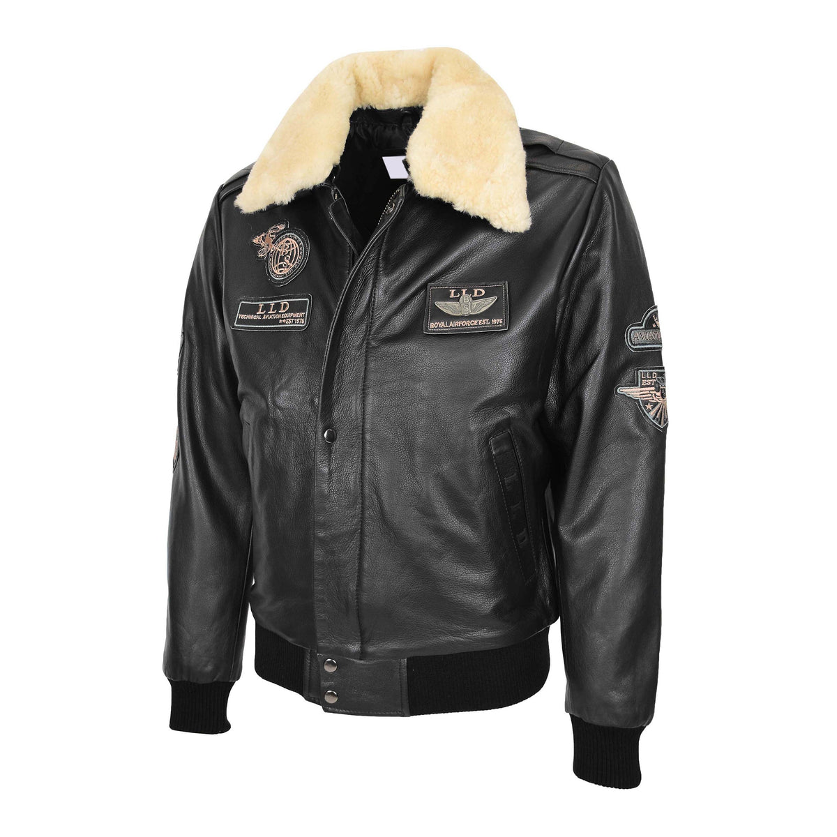 Mens Leather Jacket with Detachable Collar Pilot-N Black - genuine leather jacket in black with two outer pockets