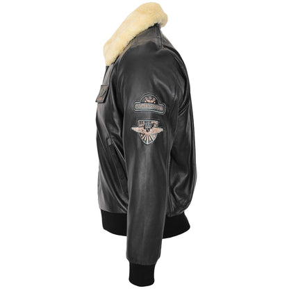 Mens Leather Jacket with Detachable Collar Pilot-N Black - genuine leather jacket in black with detachable collar