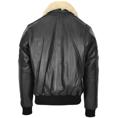 Mens Leather Jacket with Detachable Collar Pilot-N Black - genuine leather jacket in black with detachable collar