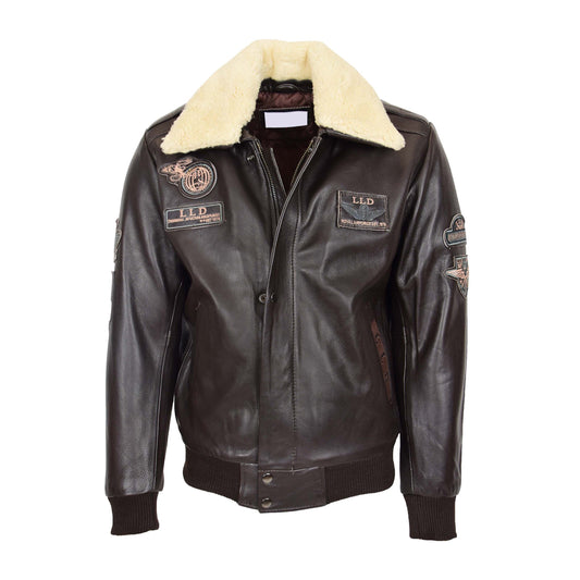 Mens Leather Jacket with Detachable Collar Pilot-N Brown - genuine leather jacket in brown with two outer pockets