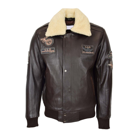 Mens Leather Jacket with Detachable Collar Pilot-N Brown - genuine leather jacket in brown with detachable collar