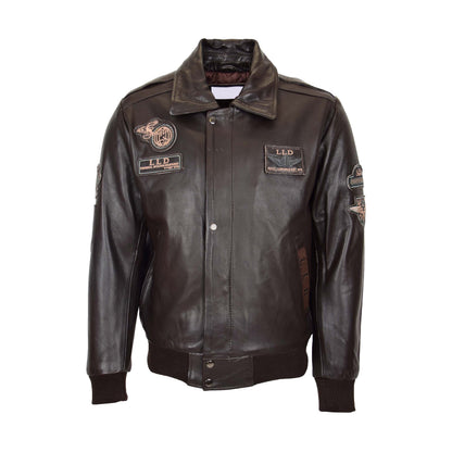 Mens Leather Jacket with Detachable Collar Pilot-N Brown - genuine leather jacket in brown with two outer pockets