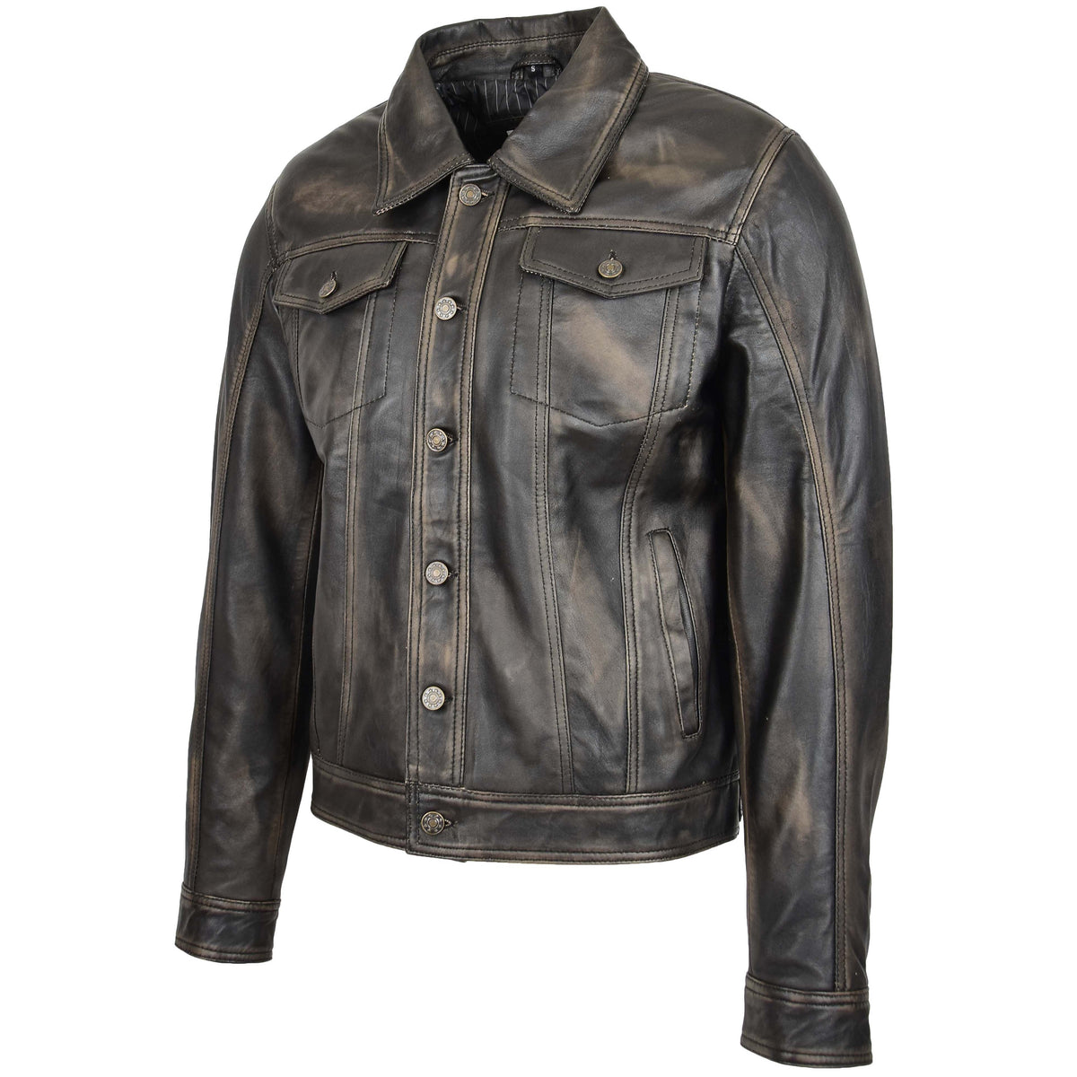 Mens Leather Lee Rider Casual Jacket Terry Black Two Tone - genuine leather jacket in black two tone with four outer pockets