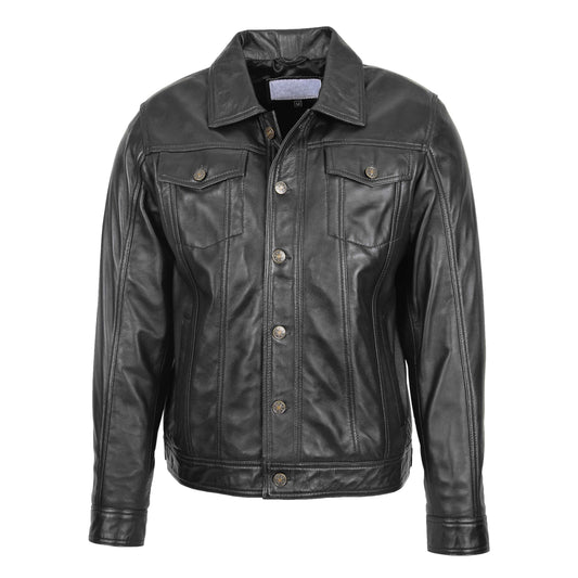 Mens Leather Lee Rider Casual Jacket Terry Black - genuine leather jacket in black with four outer pockets