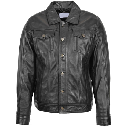 Mens Leather Lee Rider Casual Jacket Terry Black - genuine leather jacket in black with four outer pockets