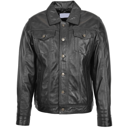 Mens Leather Lee Rider Casual Jacket Terry Black - genuine leather jacket in black with four outer pockets