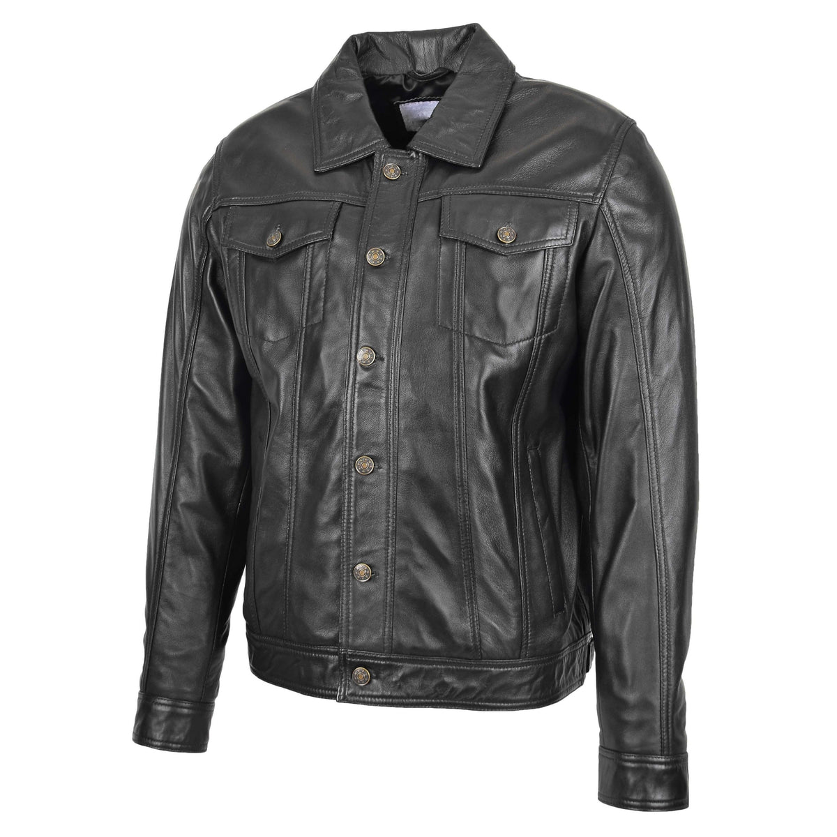 Mens Leather Lee Rider Casual Jacket Terry Black - genuine leather jacket in black with four outer pockets