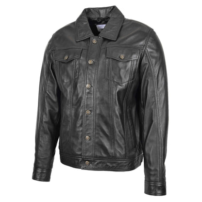 Mens Leather Lee Rider Casual Jacket Terry Black - genuine leather jacket in black with four outer pockets