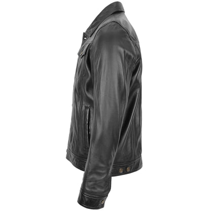 Mens Leather Lee Rider Casual Jacket Terry Black - genuine leather jacket in black with four outer pockets