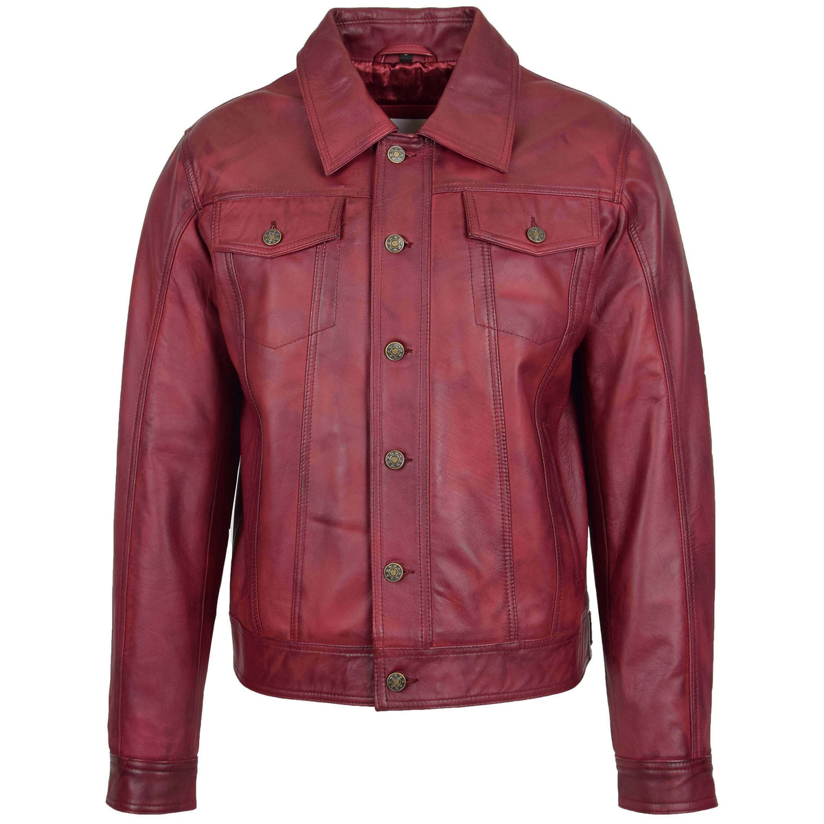 Mens Leather Lee Rider Casual Jacket Terry Burgundy - genuine leather jacket in burgundy with four outer pockets