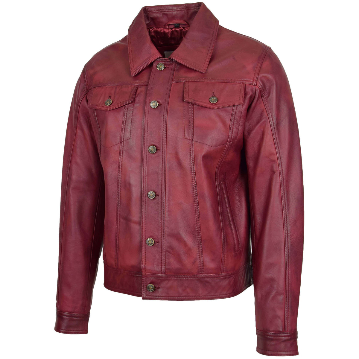 Mens Leather Lee Rider Casual Jacket Terry Burgundy - genuine leather jacket in burgundy with four outer pockets