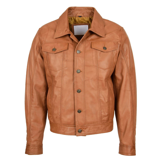 Mens Leather Lee Rider Casual Jacket Terry Tan - genuine leather jacket in tan with four outer pockets