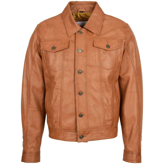 Mens Leather Lee Rider Casual Jacket Terry Tan - genuine leather jacket in tan with four outer pockets