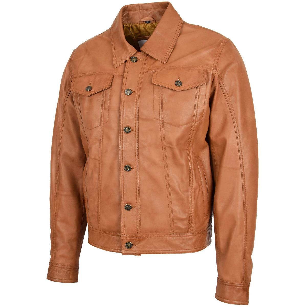 Mens Leather Lee Rider Casual Jacket Terry Tan - genuine leather jacket in tan with four outer pockets
