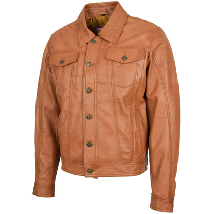 Mens Leather Lee Rider Casual Jacket Terry Tan - genuine leather jacket in tan with four outer pockets