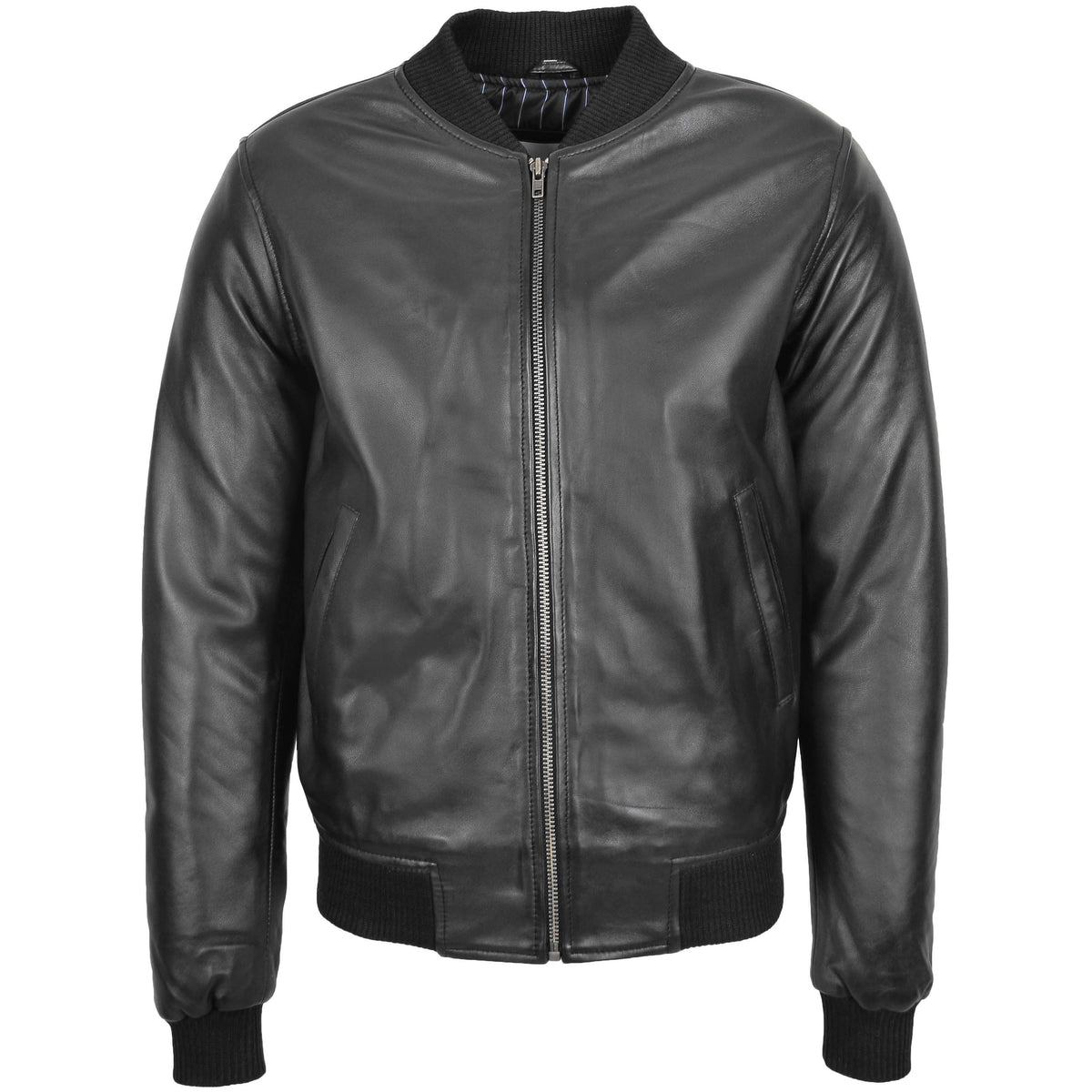 Mens Leather MA-1 Bomber Jacket Ryan Black - genuine leather jacket in black with two outer pockets