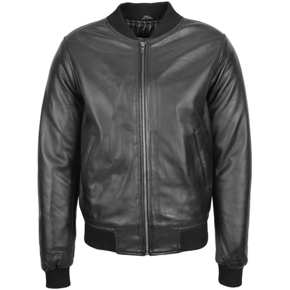 Mens Leather MA-1 Bomber Jacket Ryan Black - genuine leather jacket in black with two outer pockets