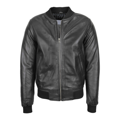 Mens Leather MA-1 Bomber Jacket Ryan Black - genuine leather jacket in black with bomber