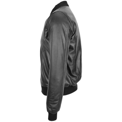 Mens Leather MA-1 Bomber Jacket Ryan Black - genuine leather jacket in black with two outer pockets