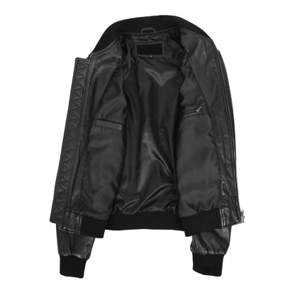 Mens Leather MA-1 Bomber Jacket Ryan Black - genuine leather jacket in black with bomber