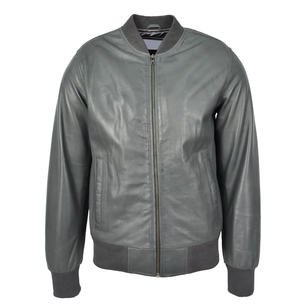 Mens Leather MA-1 Bomber Jacket Ryan Grey - genuine leather jacket in grey with two outer pockets