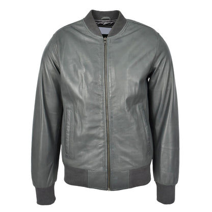 Mens Leather MA-1 Bomber Jacket Ryan Grey - genuine leather jacket in grey with two outer pockets