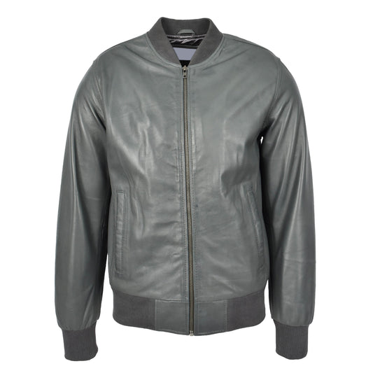 Mens Leather MA-1 Bomber Jacket Ryan Grey - genuine leather jacket in grey with two outer pockets