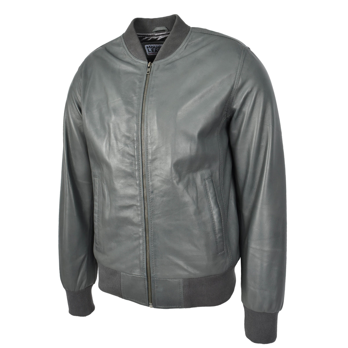 Mens Leather MA-1 Bomber Jacket Ryan Grey - genuine leather jacket in grey with two outer pockets