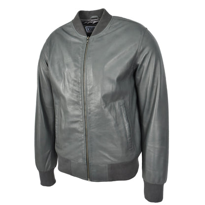 Mens Leather MA-1 Bomber Jacket Ryan Grey - genuine leather jacket in grey with two outer pockets