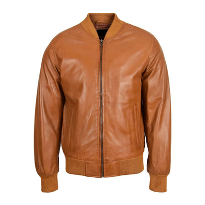 Mens Leather MA-1 Bomber Jacket Ryan Tan - genuine leather jacket in tan with two outer pockets