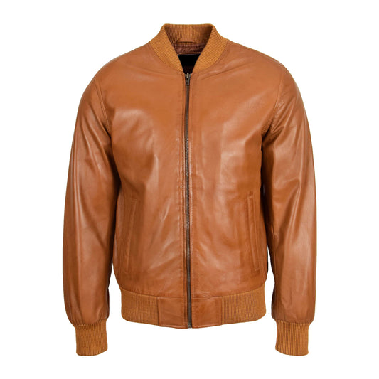 Mens Leather MA-1 Bomber Jacket Ryan Tan - genuine leather jacket in tan with two outer pockets