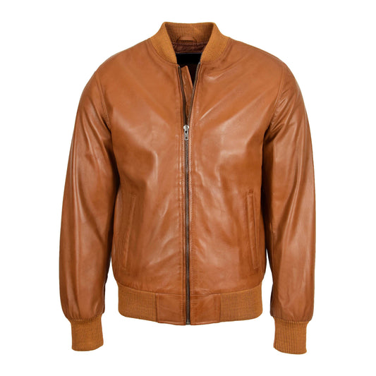 Mens Leather MA-1 Bomber Jacket Ryan Tan - genuine leather jacket in tan with bomber