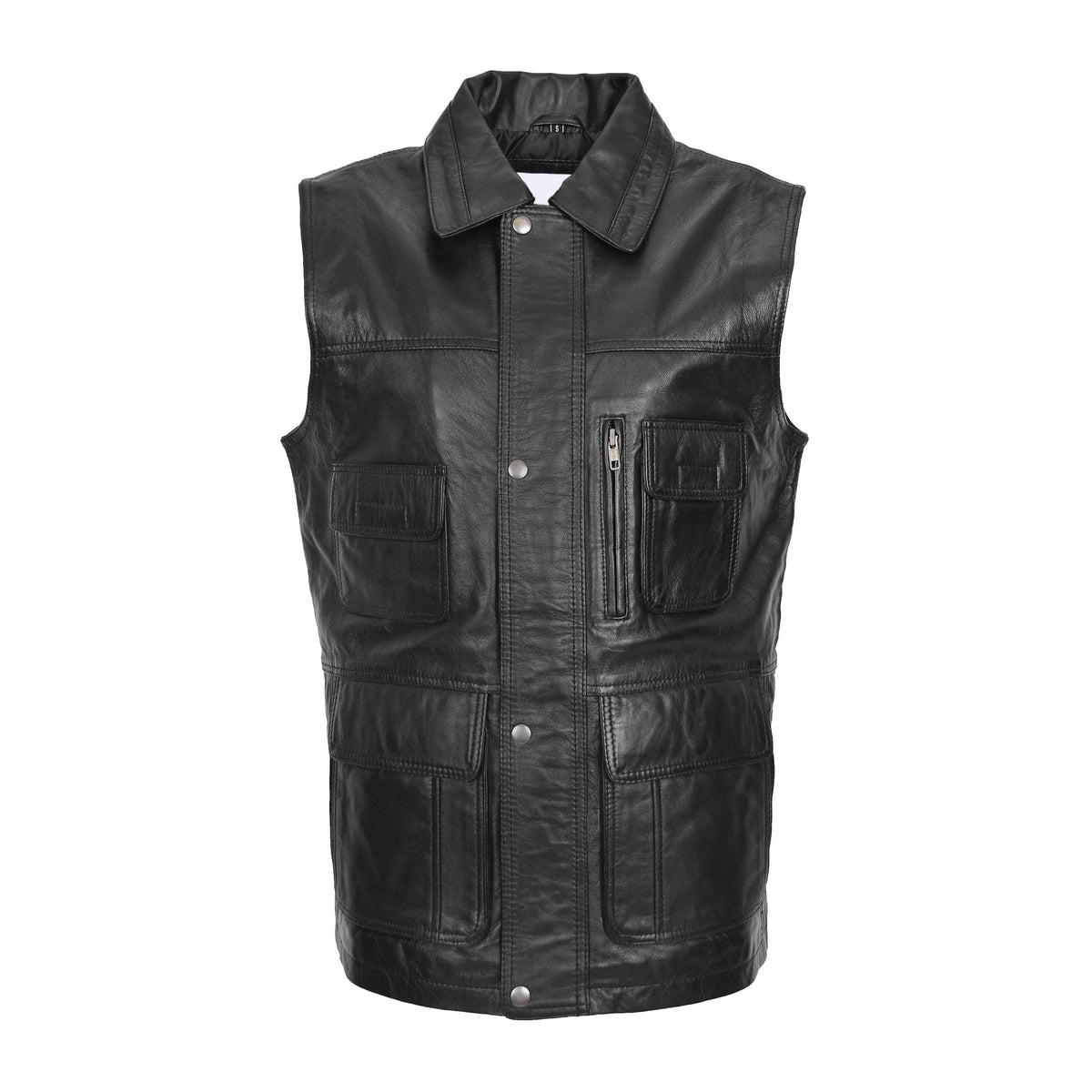 Mens Leather Multi Purpose Gilet Roger Black - genuine leather vest in black with five outer pockets