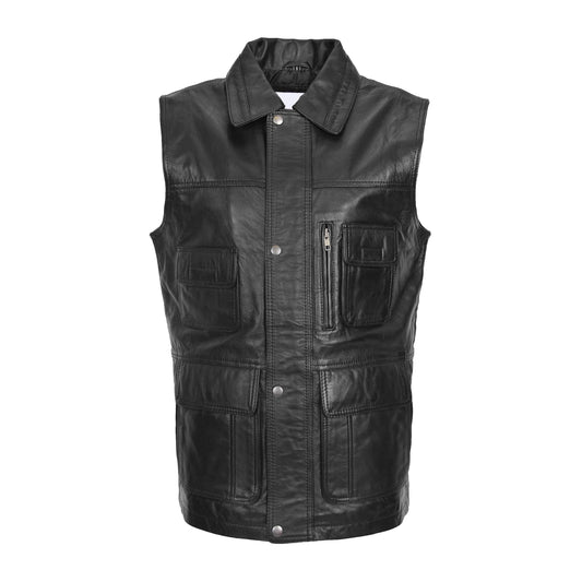Mens Leather Multi Purpose Gilet Roger Black - genuine leather vest in black with five outer pockets