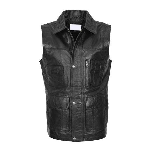 Mens Leather Multi Purpose Gilet Roger Black - genuine leather vest in black with gilet