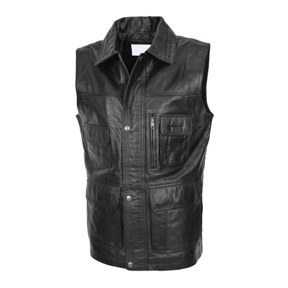 Mens Leather Multi Purpose Gilet Roger Black - genuine leather vest in black with five outer pockets