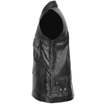 Mens Leather Multi Purpose Gilet Roger Black - genuine leather vest in black with gilet