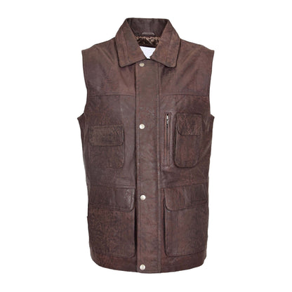 Mens Leather Multi Purpose Gilet Roger Brown - genuine leather vest in brown with five outer pockets