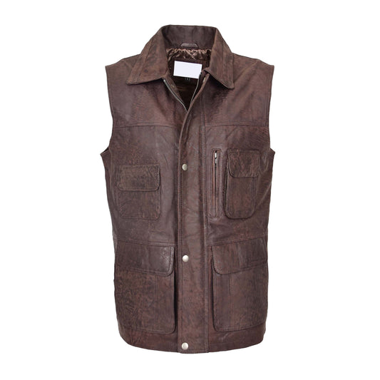 Mens Leather Multi Purpose Gilet Roger Brown - genuine leather vest in brown with gilet