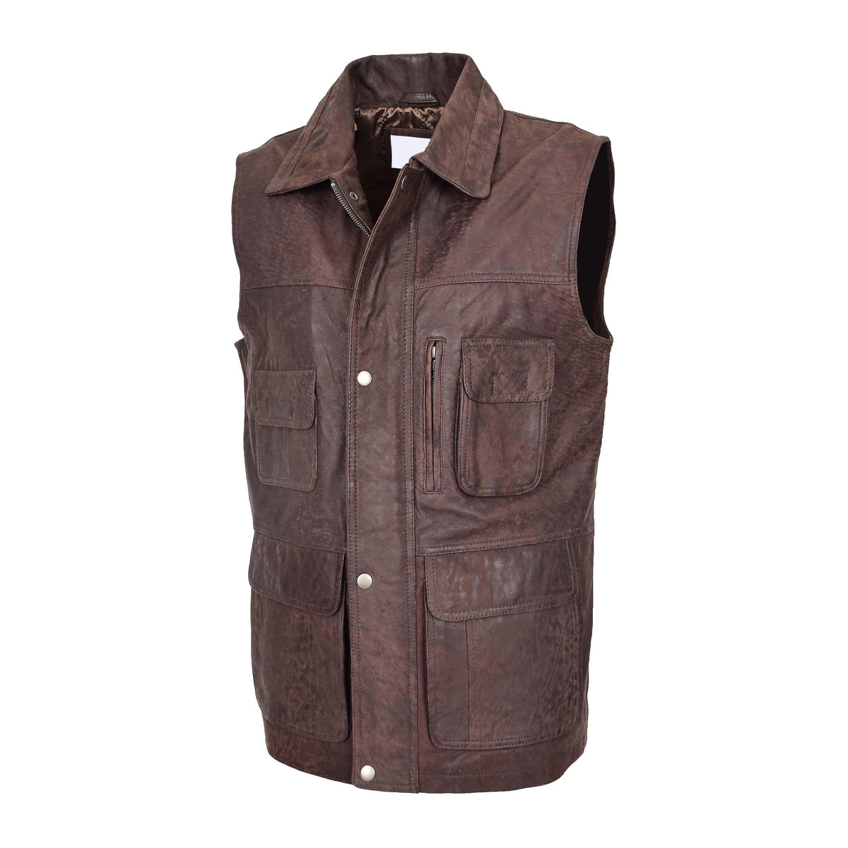 Mens Leather Multi Purpose Gilet Roger Brown - genuine leather vest in brown with five outer pockets