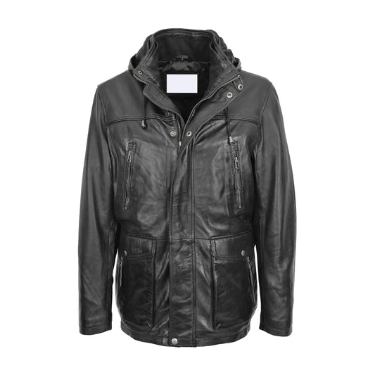 Mens Leather Parka Detachable Hoodie Logan Black - genuine leather jacket in black with six outer pockets