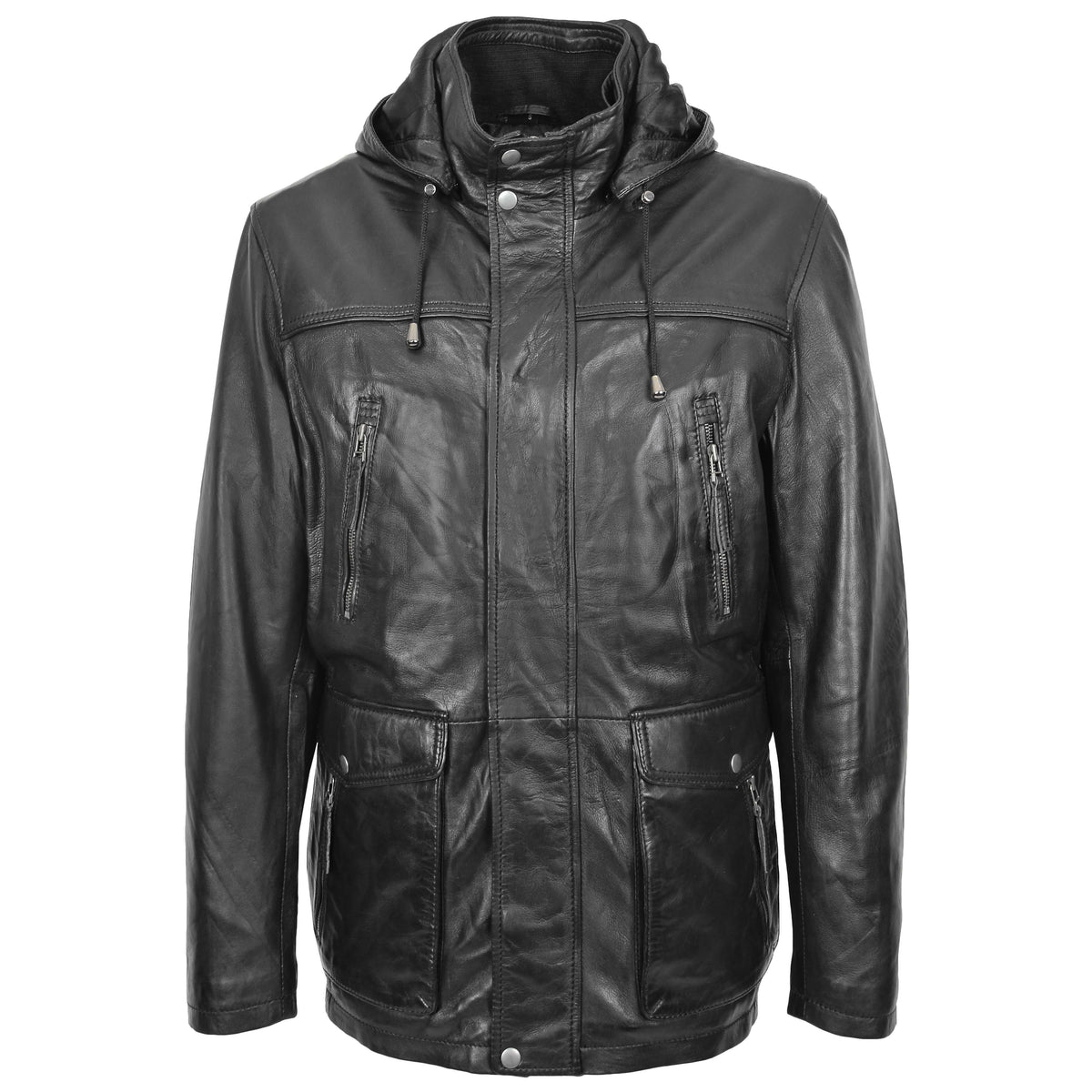 Mens Leather Parka Detachable Hoodie Logan Black - genuine leather jacket in black with detachable hood