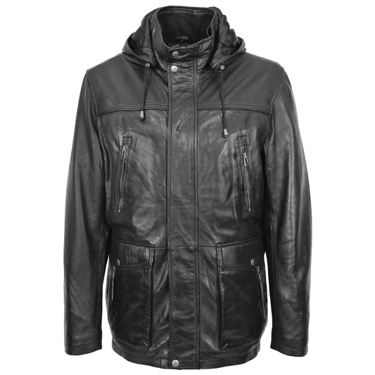 Mens Leather Parka Detachable Hoodie Logan Black - genuine leather jacket in black with detachable hood