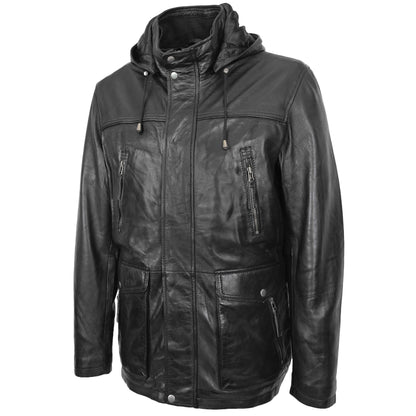 Mens Leather Parka Detachable Hoodie Logan Black - genuine leather jacket in black with parka